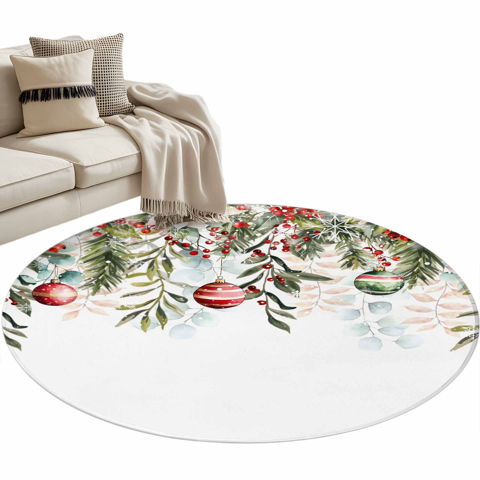 Christmas Ball Round Area Rug 3ft Green Eucalyptus Leaves Winter ...