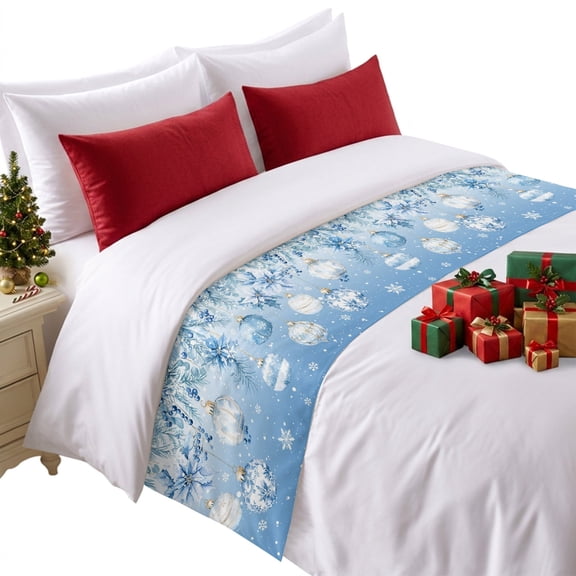 Christmas Ball Satin Bed Runner for Queen‑Size Bed, Winter Blue Ombre Xmas Ball Poinsettia Holly Snow Decorative Bedding Scarf for Foot‑of‑Bed, Bedroom Home Hotel Decor, 83" x 20"