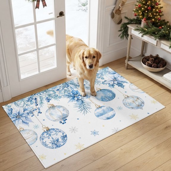 Christmas Ball Small Area Rugs 2x3 Winter Blue Xmas Ball Poinsettia Holly Snow Entryway Rugs Washable Door Mat, Low-Profile Area Rugs Non Slip Floor Carpet for Living Room Bedroom Home Office