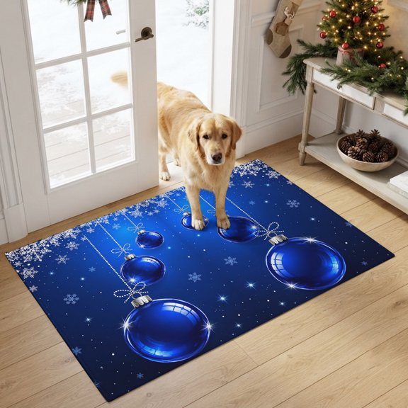 Christmas Ball Small Area Rugs 2x3 Winter Dreamy Country Blue Snowflake Bow Tie Stars Entryway Rugs Washable Door Mat, Low-Profile Area Rugs Non Slip Floor Carpet for Living Room Bedroom Home Office