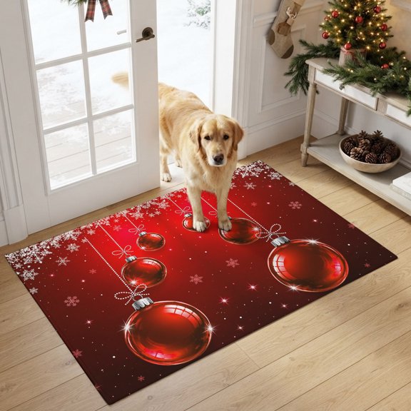 Christmas Ball Small Area Rugs 2x3 Winter Dreamy Country Red Snowflake Bow Tie Stars Entryway Rugs Washable Door Mat, Low-Profile Area Rugs Non Slip Floor Carpet for Living Room Bedroom Home Office