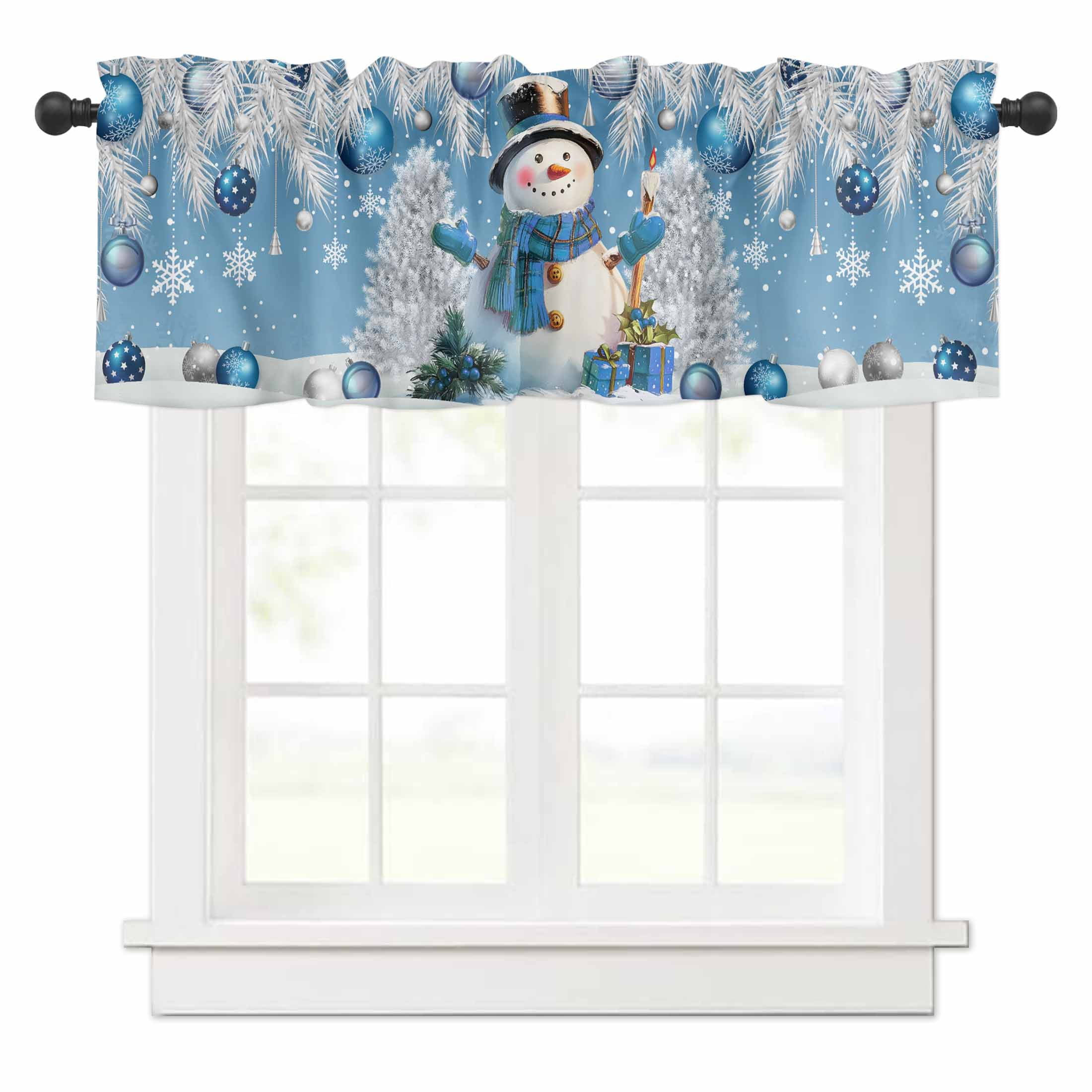 Christmas Ball Snowman Gifts Xmas Tree Snowflake Blue Window Valances