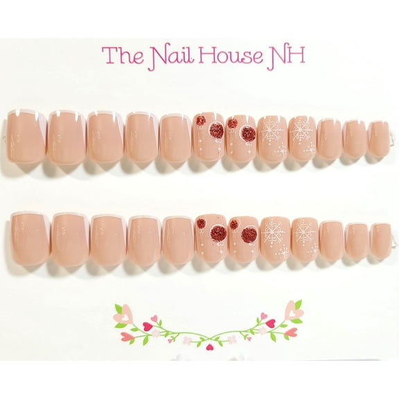 Christmas Ball Sparkle French Manicure Glossy Short Square Press On Nails - 24 Pieces - Artificial Nail Kit