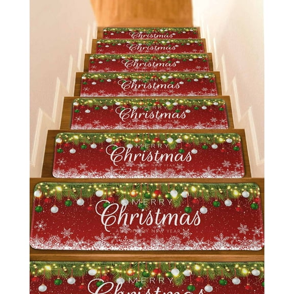 Christmas Ball Stair Treads for Wooden Steps Indoor Runner Rug Carpet, Winter Snowflakes Xmas Pine Tree Red 4 Pieces Peel and Stick Staircase Step Treads Covers Washable Throw Door Mats, 30"x8"