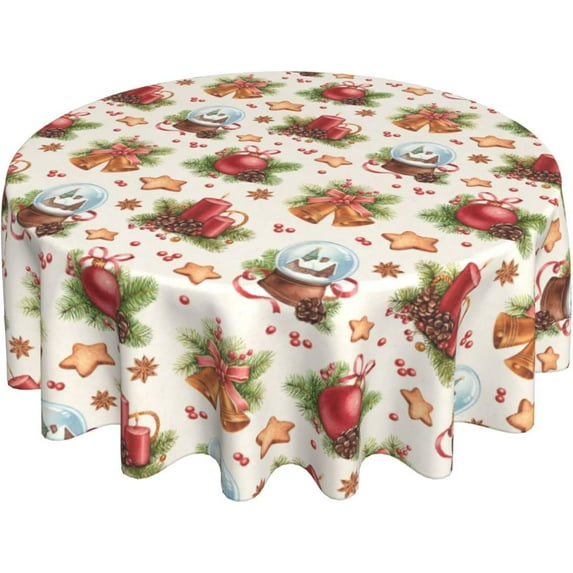 Christmas Ball Star Party Cute Bell Round Tablecloth Waterproof Wipeable Tablecloth Cover Home Restaurant Kitchen Picnic Party Decoration 60 Inch Circular Tablecloth for 20-47 Inch