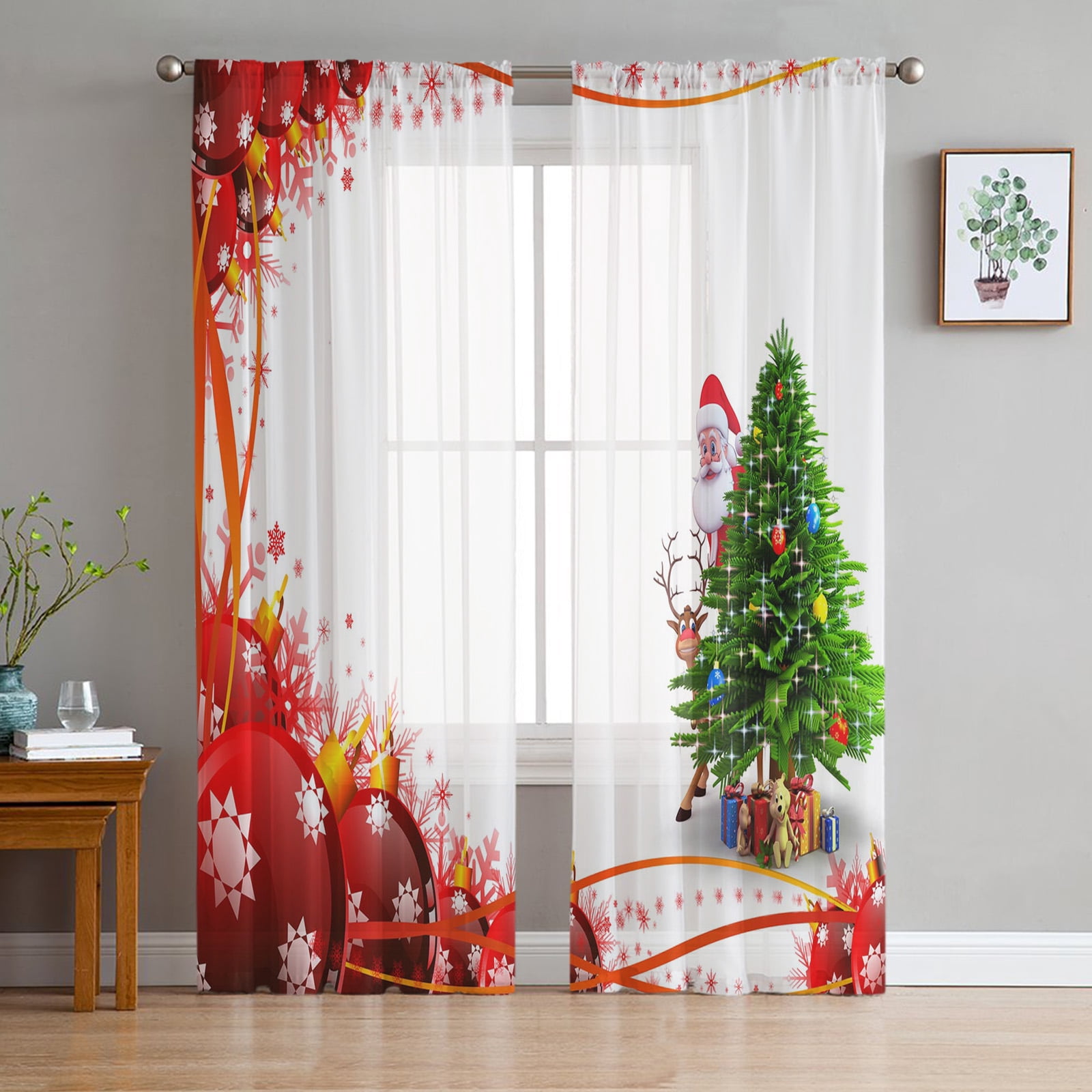 Christmas Ball Stars Christmas Tree Tulle Sheer Window Curtains for