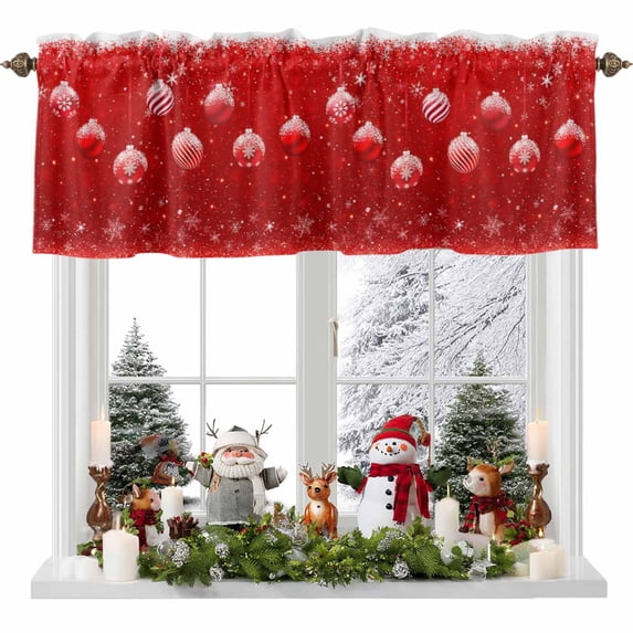Christmas Ball Valances for Windows, 54 x 18in, Winter Snowflakes Watercolor Red Snowing Rod Pocket Kitchen Valance Curtain Light Filtering Window Treatments for Living Room Bedroom, 1 Panel