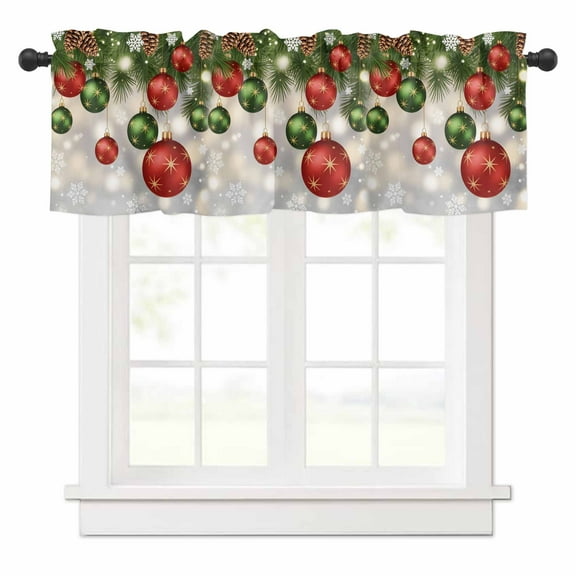 Christmas Ball Valances for Windows Green Red Xmas Balls Pine Leaf Plants Snowflakes Rod Pocket Curtain Valance Window Treatment Short Curtains for Kitchen Living Room, 42"x12"