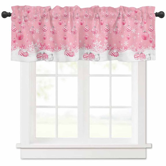 Christmas Ball Valances for Windows, Pink Xmas Balls Snowflakes Winter Snow Scene Light Filtering Window Treatment Valances, Rod Pocket Small Curtains for Kitchen/Bathroom, 56"x16"