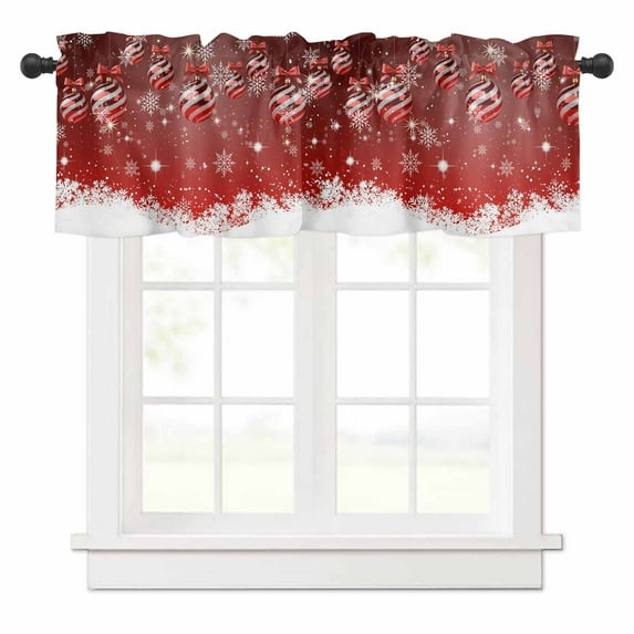 Christmas Ball Valances for Windows Winter Snowflake Striped Red Background Rod Pocket Curtain Valance Window Treatment Short Curtains for Kitchen Living Room, 60"x14"
