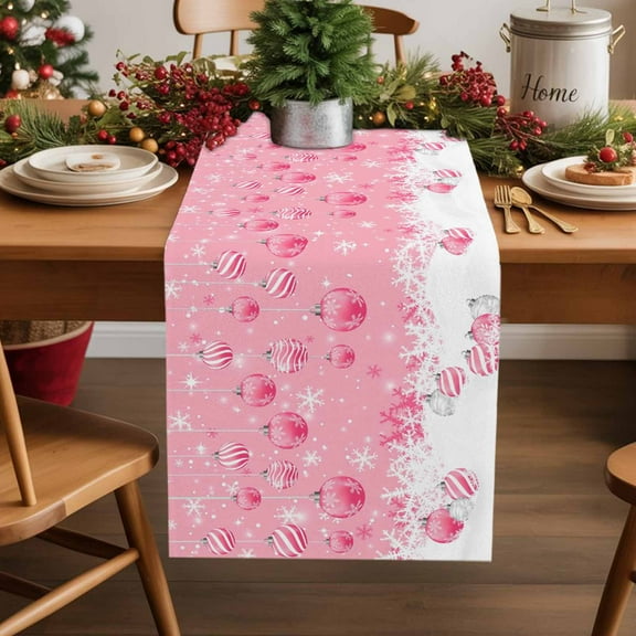 Christmas Ball Winter Snowflake Table Runner 13x90in Non-Slip Cotton Linen Table Runners, Pink Theme Dresser Scarves TableRunner for Dinner Kitchen Dining Wedding Party