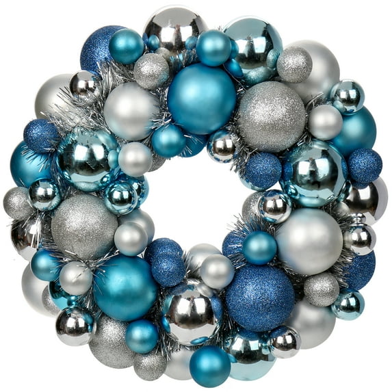 Christmas Ball Wreath 13"Xmas Wreaths Ornaments Glitter Thicken Shatterproof Hanging Balls Holiday Party Wedding Christmas Door Wall Tree Mantel Decor Blue & Silver