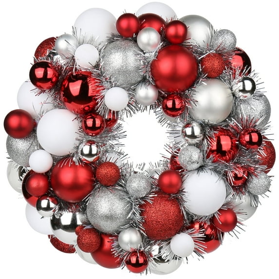 Christmas Ball Wreath Multi Color 13"Xmas Wreaths Ornaments Glitter Thicken Shatterproof Hanging Balls Holiday Party Wedding Christmas Door Wall Tree Mantel Decor Red & White & Silver
