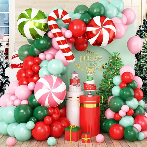 Christmas Balloon Garland Arch Kit, 120 PCS Red Green Pink Balloon Arch Kit with Xmas Candy Cane Elk Candy Foil Balloons Perfect for Xmas Christmas Holiday New Year Birthday Party Supply Decorations