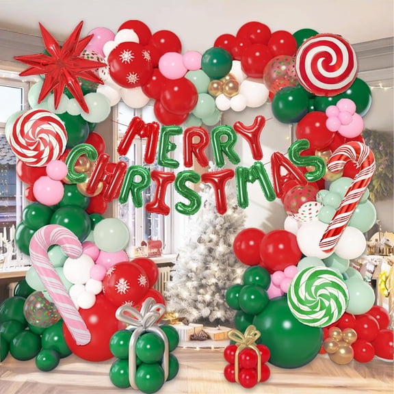 Christmas Balloon Garland Arch Kit with Merry Christmas Banner Red Green Pink Gold Printed Confetti Balloons Cane Candy Star Foil Balloons for Xmas Party Indoor Outdoor Decorations Supplies