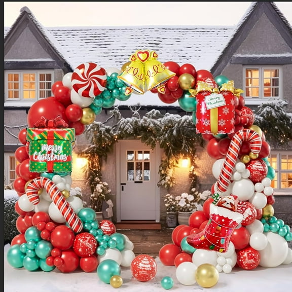 Christmas Balloon Garland Arch Kit with Red White Gold balloons, Candy Foil Balloons, Candy Cane Balloons, Xmas Stocking Foil Balloons, Gift Box Balloons for Christmas Party Decorations