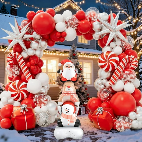 Christmas Balloon Garland Arch kit with Red White Silver Balloons, Confetti Balloons, Candy, Cane, Explosion-Star, Gift Box, santa-claus elk snowman combo Foil Balloons for Xmas Party Decorations