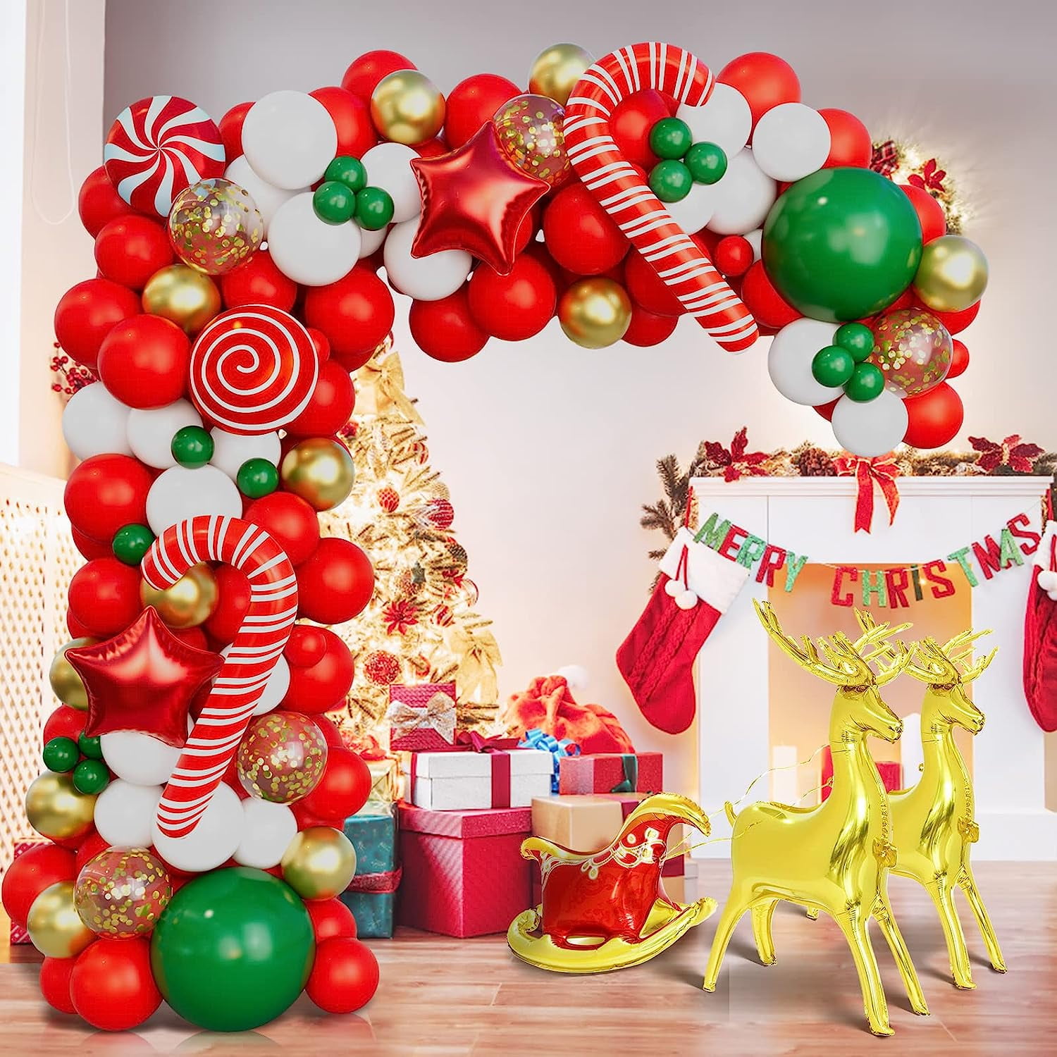 Christmas Balloon Garland Arch kit with Xmas Red Gold White Green Gold