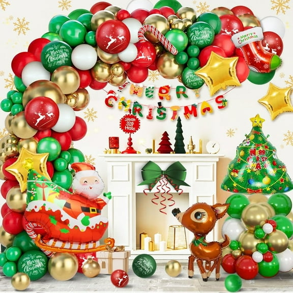 Christmas Balloon Garland, Christmas Balloon Arch with Red Green White Gold Merry Christmas Balloons Xmas Candy Cane Santa Elk Mylar Foil Balloons, Christmas Party Decorations
