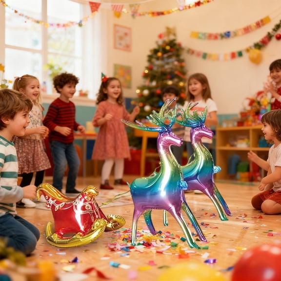 Christmas Balloons,3PC Christmas Foil Balloons Reindeer Balloon Santa's Sleigh Mylar Balloons for Holiday, Standing Reindeer for Xmas New Year Party Decorations M Multicolor