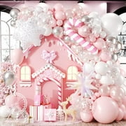 Christmas Balloons Garland Arch Kit,122pcs Xmas Pink Silver Balloons,with Snowflake Candy Star Foil Balloons for Christmas Party Decorations Xmas Eve New Year Holiday Party Supplies
