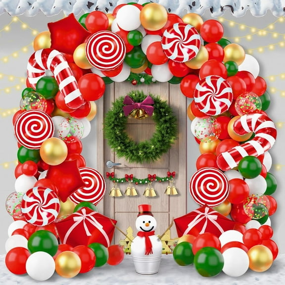 Christmas Balloons Garland Arch Kit 165PCS, Red White Green Holiday Party Decorations with Candy Cane Box, Star Foil Balloons for Themed Birthday Supplies