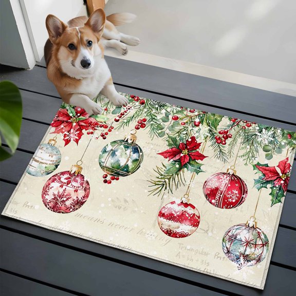 Christmas Balls Bathroom Mat 2x3 FT, Non Slip Small Kitchen Mat, Red Green Xmas Botanical Poinsettia Rustic Washable Soft Backed Front Door Throw Rug Indoor Outdoor Doormat for Entryway Sink