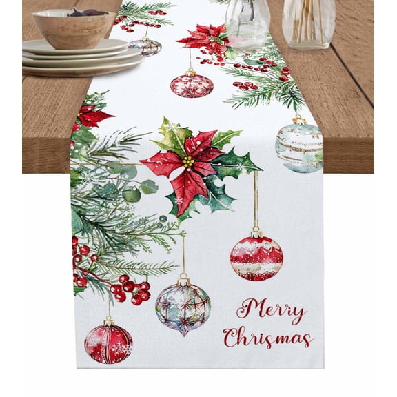 Christmas Balls Burlap-Cotton Table Runner 48 Inches Long,Red Green Xmas Botanical Poinsettia Farmhouse Table Runners,Outdoor Dining Tablecloths Decor for Baby Shower Party Wedding 13x48