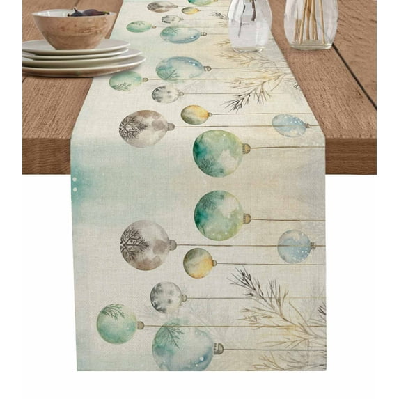 Christmas Balls Burlap-Cotton Table Runner 72 Inches Long,Watercolor Vintage Winter Snowflake Farmhouse Table Runners,Outdoor Dining Tablecloths Decor for Baby Shower Party Wedding 13x72