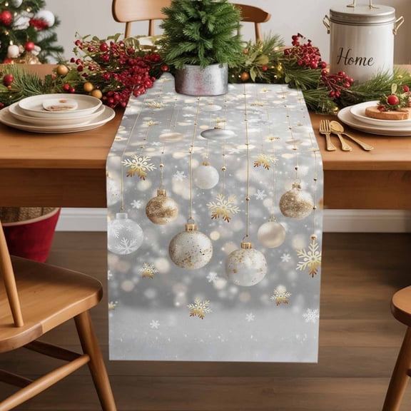 Christmas Balls Cotton Linen Small Table Runner 13 x 48 inch Xmas Balls Winter Snowflake Grey Golden Non-slip Rectangular Dining Table Decor for Wedding Party Holiday Dinner