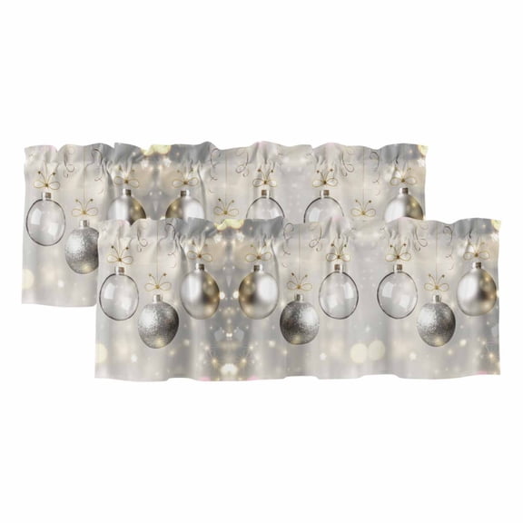 Christmas Balls Curtain Valances for Windows, Kitchen Valance Window Treatments Panel 2 Pack, Silver Xmas Balls Glitter Sparkle Stars Rod Pocket Short Curtains for Bathroom Bedroom 42 x 12 Inch