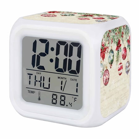 Christmas Balls Digital Alarm Clock for Bedrooms, Smart LED Alarm Clock with 7 Color Changing Night Light, Red Green Xmas Botanical Poinsettia Rustic Silent Wake Up Clocks for Sleep Study Cooking