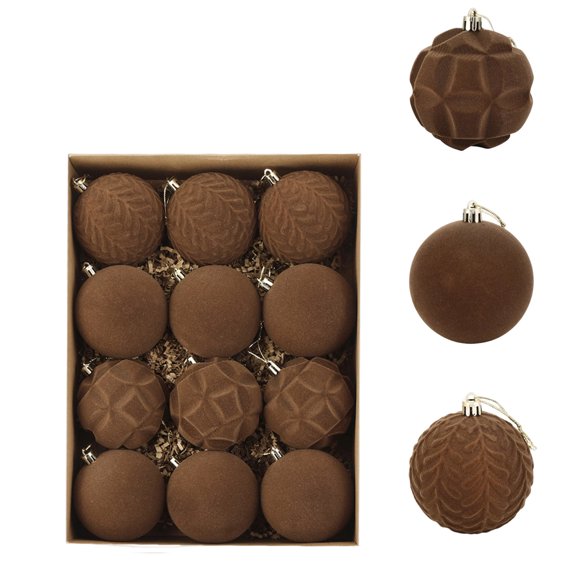 Christmas Balls Flocking Boxed Christmas Tree Pendant Plastic Painted Velvet Holiday Decorations(12pcs/3.15In),Brown