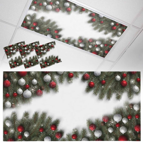 Christmas Balls Fluorescent Light Covers Winter Colored Ball Pine Tree Leaf Xmas Plant Magnetic Light Filters Ceiling Lighting Panel Shade for Classroom Office Home 2 x 4 ft, 3 Pack