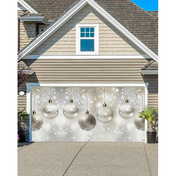 Christmas Balls Garage Door Banner Cover Decorations,Large Outdoor Hanging Garage Door Covers Christmas Thanksgiving Halloween Wall Backdrop for Party,Gradual Silver White Star Snowflake 6x13ft