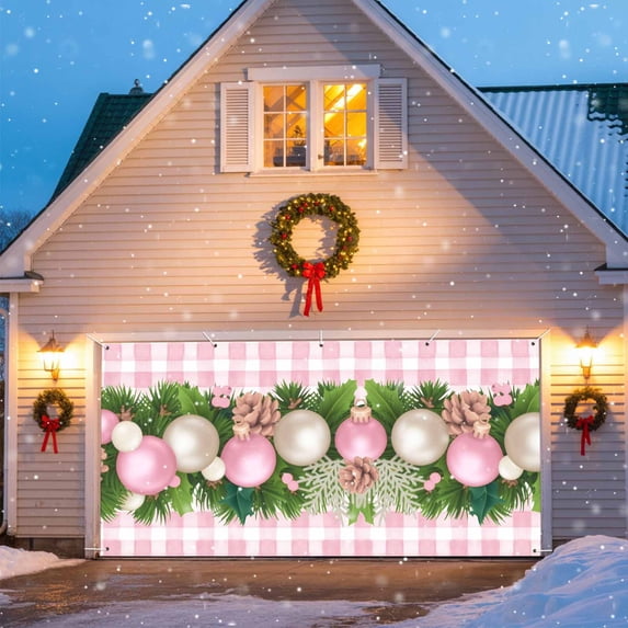 Christmas Balls Garage Door Banner Covers, Christmas Pine Branch Pink White Buffalo Plaids Large Hanging Indoor/Outdoor Backdrop Background for Christmas Winter Party Decor, 6.9x8 FT
