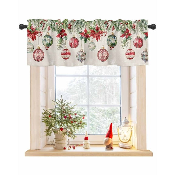 Christmas Balls Holly Berries Green Leaves Window Valances for Kitchen,Rod Pocket Valance Privacy Small Curtain,Winter Snow Vintage Linen Window Treatment Drapes for Bedroom Laundry Room 42x18in