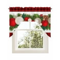 thumbnail image 1 of Christmas Balls Kitchen Curtains Swag Valance for Windows/Bathroom/Cafe, Winter Pine Branch Xmas Red Black Plaid Rod Pocket Drape Panel Swag Curtains Valance for Bedroom/Living Room 56"x36", 1 of 6