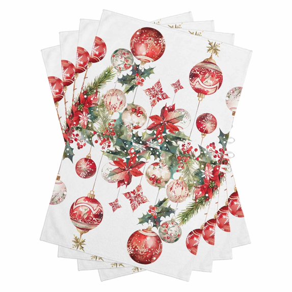 Christmas Balls Kitchen Towels Set of 4, Water Absorbent Dish Towel, Xmas Poinsettia Botanical Red Decorative Hand Towels - Quick Drying Cloth for Cooking Baking, 18x28 Inch