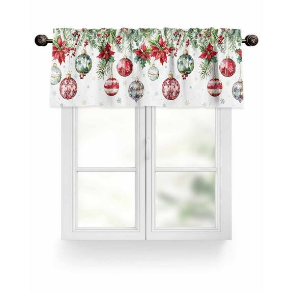 Christmas Balls Kitchen Valances for Windows Vintage Watercolor Floral Evergreen Valance Curtains&nbsp; for Kitchen /Living Room/Bedroom/ Bathroom Decor, 54"x18 " ,Rod Pocket 1 Panel, White