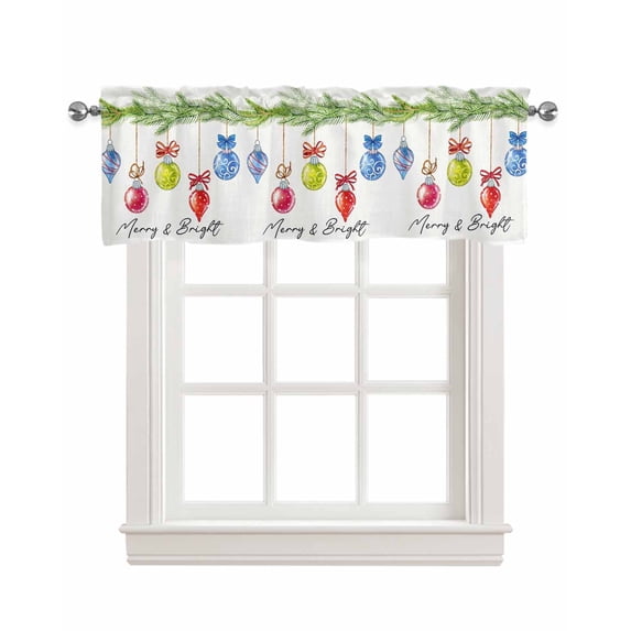 Christmas Balls Linen Curtain Valance for Bedroom/Bathroom/Kitchen/Office/Living/Dining Room Window,Xmas Balls Pine Needles Botanical Rod Pocket Topper Decorative Cafe Drapes Panel 54"x18"