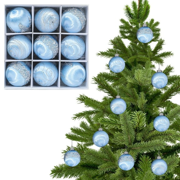 Christmas Balls Navy Blue Ornaments - Pack of 9 Luxury Christmas Tree Decorations Shatterproof - Satin Glitter Xmas Bulbs Set, 80mm 3.15 inch(Sky Blue)