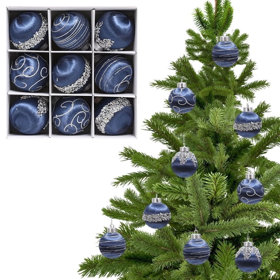 Christmas Balls Navy Blue Ornaments - Pack of 9 Luxury Christmas Tree Decorations Shatterproof - Satin Glitter Xmas Bulbs Set, 80mm 3.15 inch(Blue)