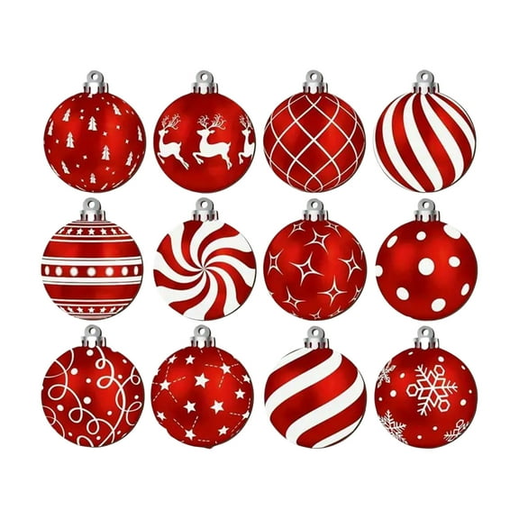 Christmas Balls Ornaments 12 Pcs Wooden Decoration , Hand Painted Christmas Tree Balls with 12 Unique Designs, Festive Xmas Decor for Tree Hanging, Home Holiday Party Decorations