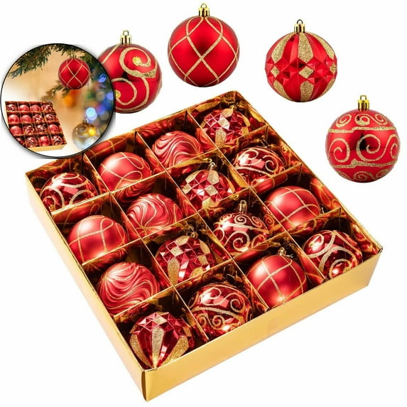 Christmas Balls Ornaments 16 Pcs Decorations for Christmas Tree, Shatterproof Hanging Ball Variety Gift Set of Holiday Party Wedding Decoration