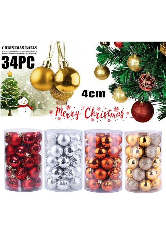 Christmas Balls Ornaments for Xmas Tree, 34pcs Plastic Shatterproof Baubles Colored and Glitter Christmas Party Decoration
