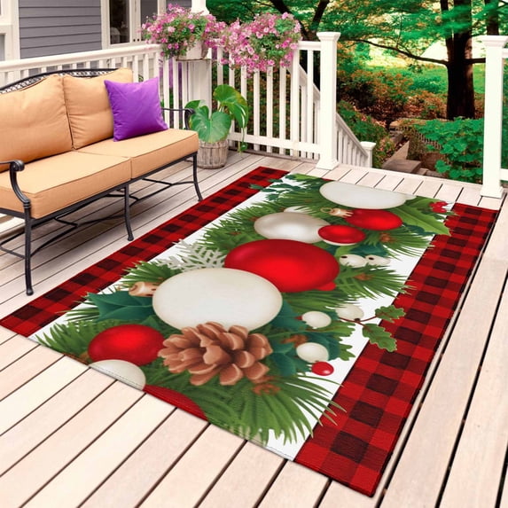 Christmas Balls Outdoor Rug 5x7 Ft, Non Slip Washable Area Rug, Winter Pine Branch Xmas Red Black Plaid Patio Rugs Carpet Runner, Large Floor Mat for Indoor/Outdoor Deck Porch Camping