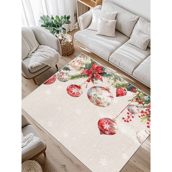 Christmas Balls Poinsettia Area Rug for Bedroom 2.7x5 Ft Fir Leaves Winter Snowflakes Retro Linen Super Soft fuzzy Throw Rug Non-Slip Fluffy Plush Indoor Floor Carpet for Living Room Home Decor