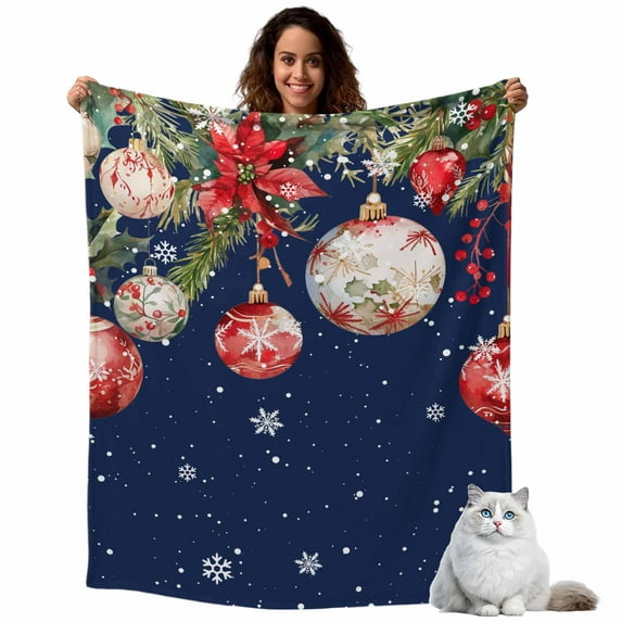 Christmas Balls Poinsettia Flannel Blanket for Bed,Travel and Camping, Fir Leaves Winter Snowflakes Super Soft Cozy Blanket for All Seasons 50"x60"