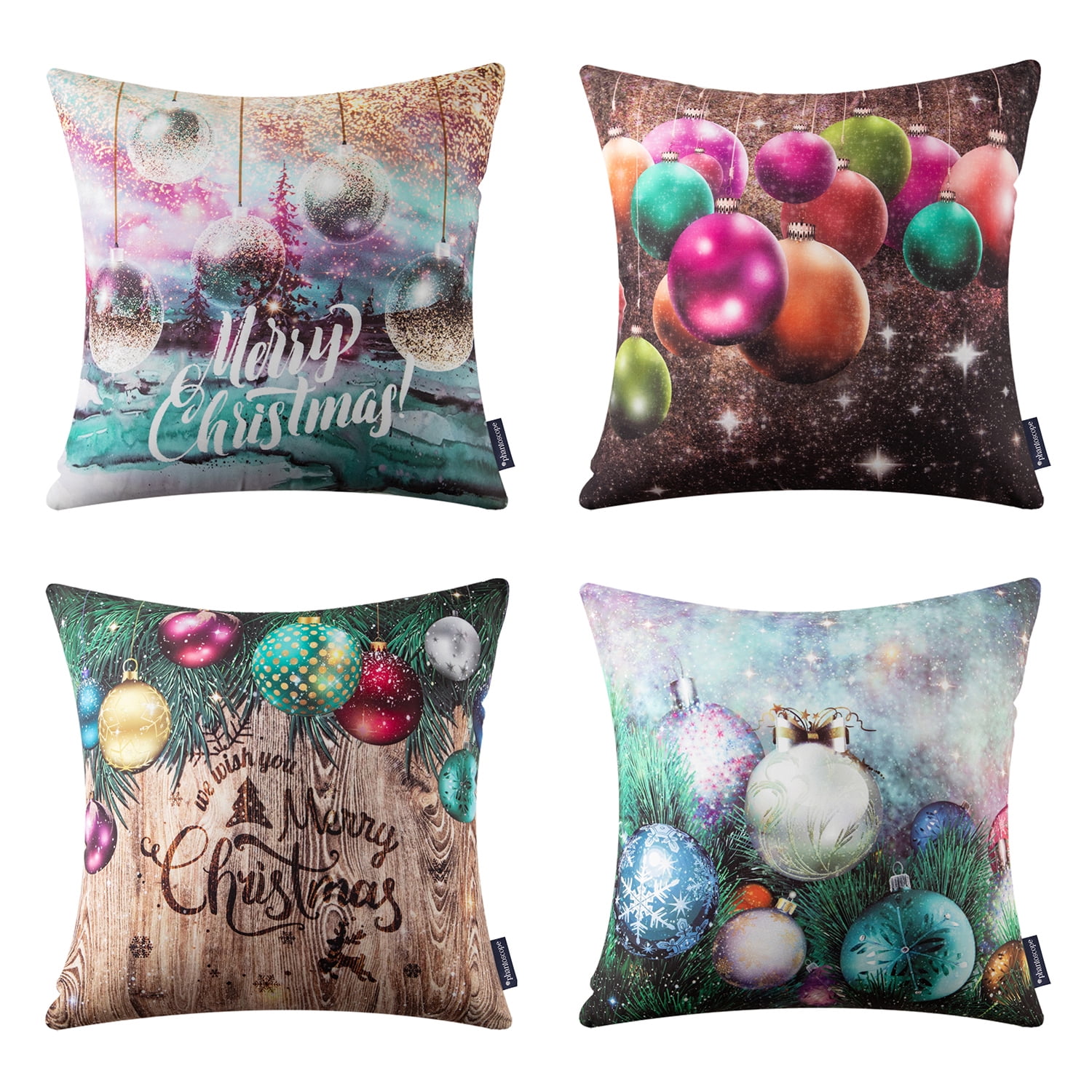 Christmas Balls Printed Decorative Pillow Covers, Holiday Series Throw Pillow, Coffee, 18" x 18", Set of 4